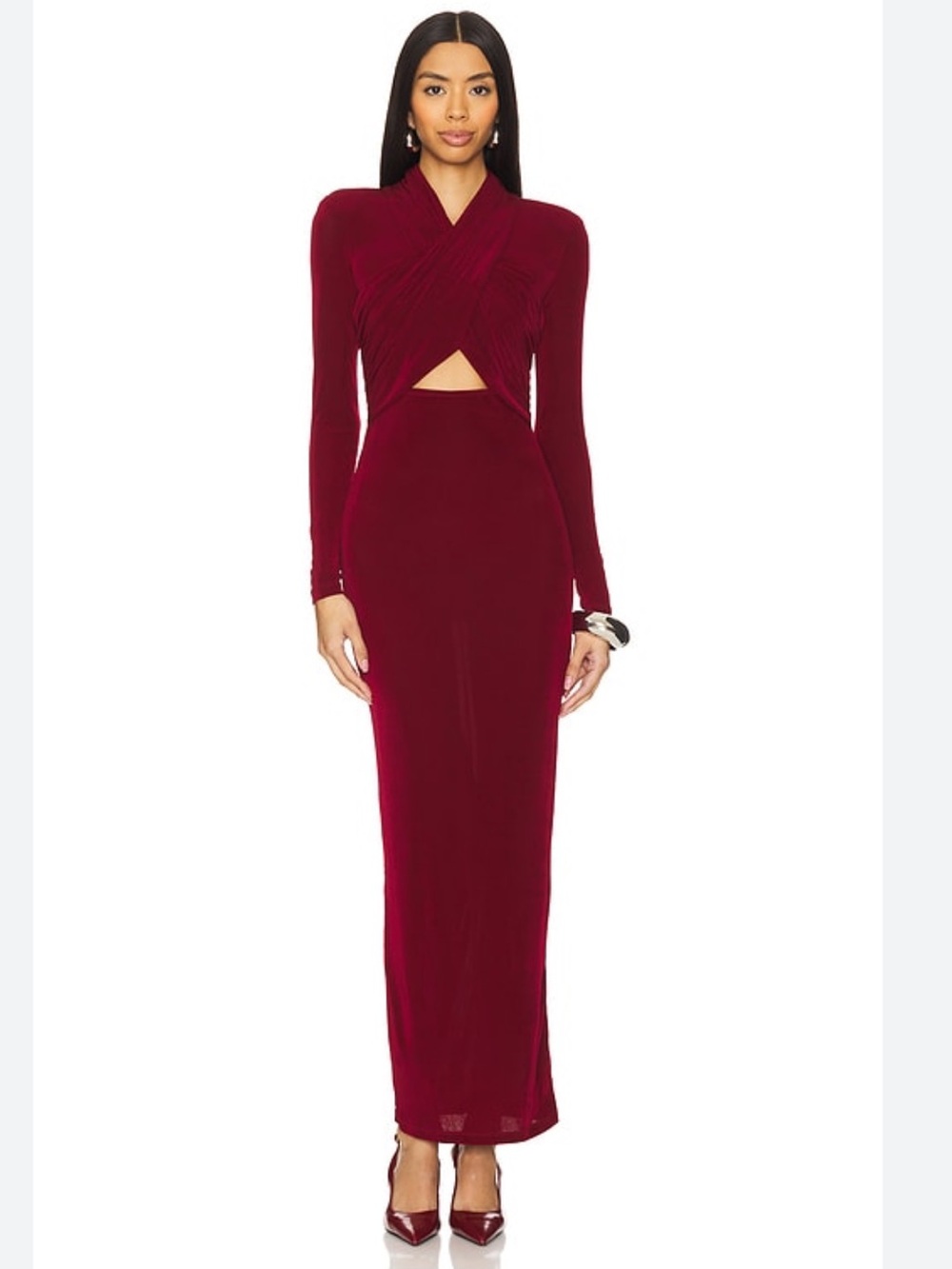 Bardot Burgundy Long Sleeve Slinky Maxi Dress with Waist Cutout
